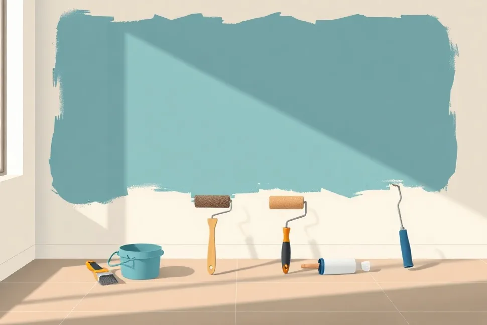 Outils de peinture disposés dans l'ordre des étapes du chantier