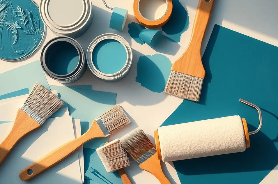 Pots de peinture, nuancier, brosses et rouleaux disposés à plat