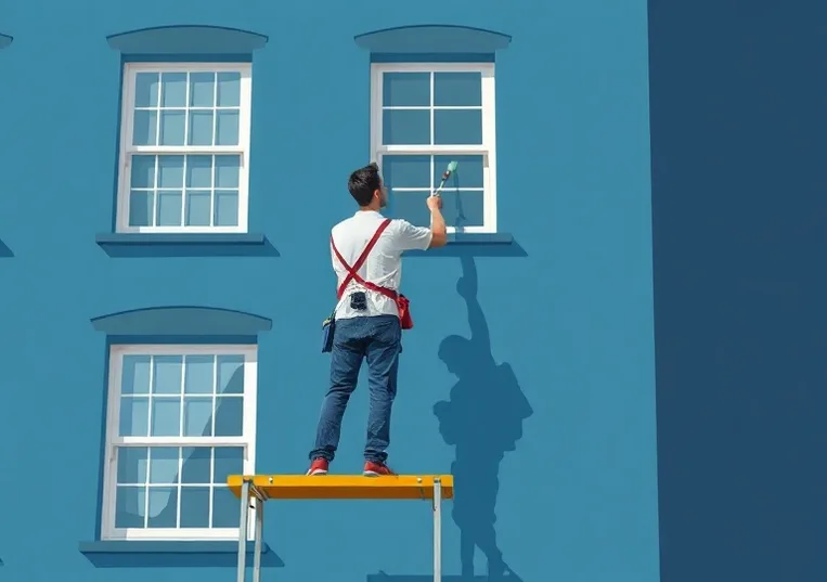 Peintre sur échafaudage traitant la façade d'une maison