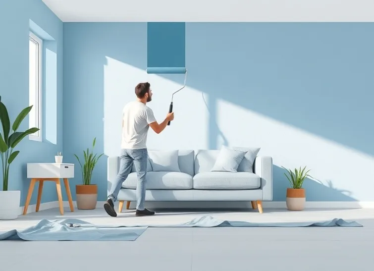 Peintre appliquant la peinture au rouleau sur un mur de salon